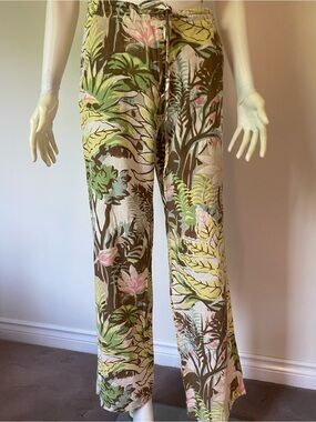 Tropical Botanical Wide-Leg Pants - Green & Pink